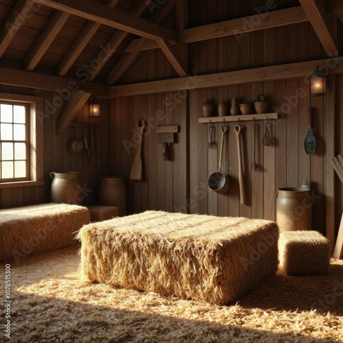 Single-tier, square hay bale podium in a charming barn: A simple stage for farm-fresh authenticity photo