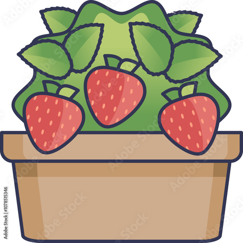 Illustration of a strawberry plant in a clay pot, symbolizing growth and freshness.