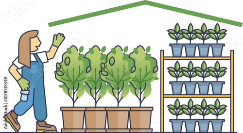 Gardener tending to young plants in a tree nursery, symbolizing growth and care.