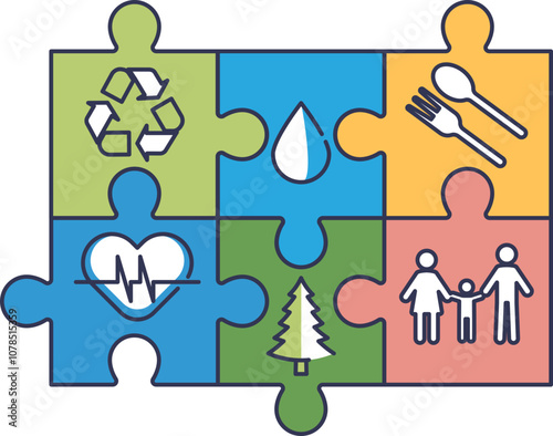 Jigsaw puzzle with icons for recycling, water, health, family, and nature, symbolizing Sustainable Development Goals.