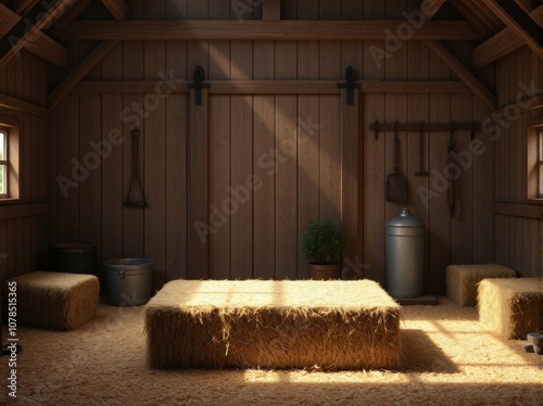 Single-tier, square hay bale podium in a charming barn: A simple stage for farm-fresh authenticity photo