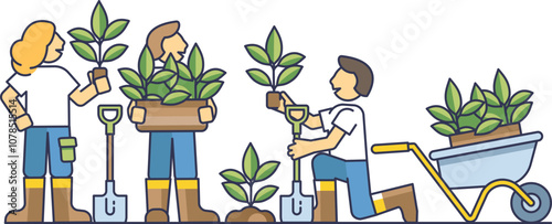 Illustration of volunteers planting trees, symbolizing teamwork and environmental care.