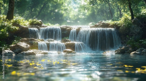Serene waterfall cascading into a tranquil forest pool.