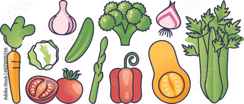 Colorful vegetables illustration including carrot, broccoli, and tomato.