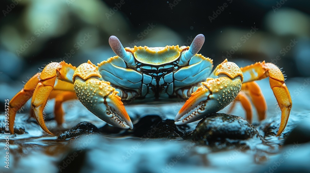 A close-up of a vibrant blue and orange crab with its claws outstretched, perched on rocks in a shallow body of water. A close-up of a vibrant blue and orange crab with its claws outstretched, perched on rocks in a shallow body of water.