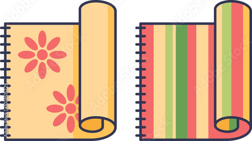 Two rolls of artisan woven textiles with floral and striped patterns, symbolizing craftsmanship and tradition.