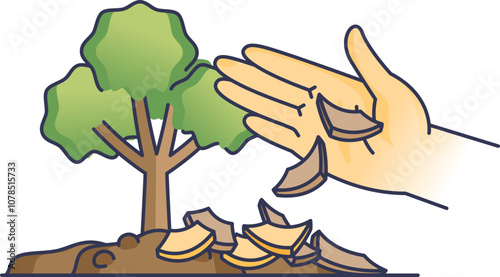 Hand applying mulch around a tree, symbolizing gardening and plant care.