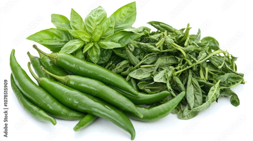 Fresh Green Chilies and Various Green Herbs Including Basil for Culinary Applications and Culinary Aesthetics in Cooking or Market Displays Fresh Green Chilies and Various Green Herbs Including Basil for Culinary Applications and Culinary Aesthetics in Cooking or Market Displays