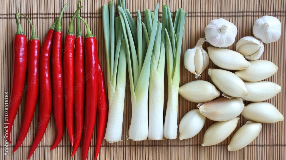 Fresh chilies, green onions, and garlic cloves arranged on a bamboo mat, perfect for culinary inspiration and vibrant food photography needs. Fresh chilies, green onions, and garlic cloves arranged on a bamboo mat, perfect for culinary inspiration and vibrant food photography needs.