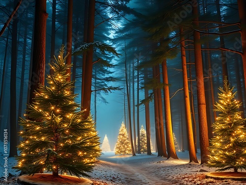 A mystical forest filled with Christmas trees adorned with shimmering lights.