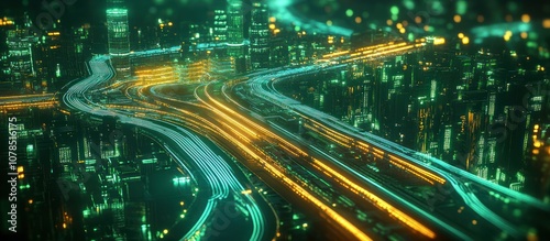 Futuristic cityscape with glowing roads and buildings.