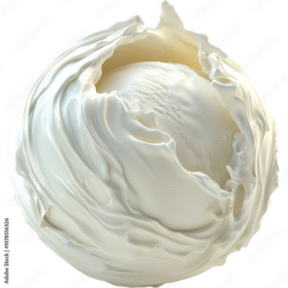 Obraz premium Description: A close-up of a smooth whipped cream swirl, forming a creamy, textured peak with soft layers. The pure white color and light texture make it look soft and airy, isolated on a white backgr