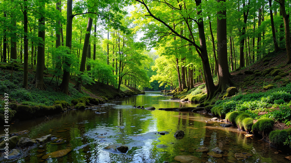 Obraz premium Forest river flowing through lush greenery 