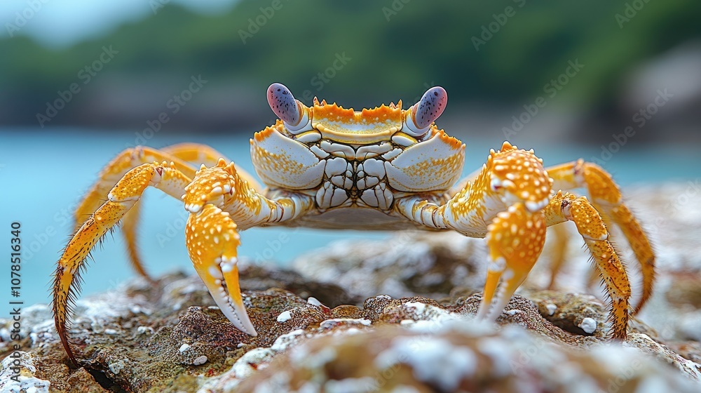 A close-up of an orange crab with black eyes and white spots on its shell, on a rocky beach. A close-up of an orange crab with black eyes and white spots on its shell, on a rocky beach.