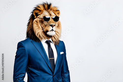Portrait of real lion wearing blue business suit with white shirt and black necktie and sunglasses posed hand on waist looking left side against white background