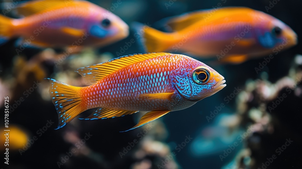 A close-up shot of a vibrant orange and blue fish swimming in a freshwater aquarium with a blurred background. A close-up shot of a vibrant orange and blue fish swimming in a freshwater aquarium with a blurred background.