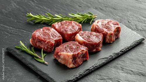 Fresh Red Beef Cuts on a Slate Serving Board with Aromatic Rosemary Sprigs, Perfect for Cooking Delicious Meals or Gourmet Dishes at Home