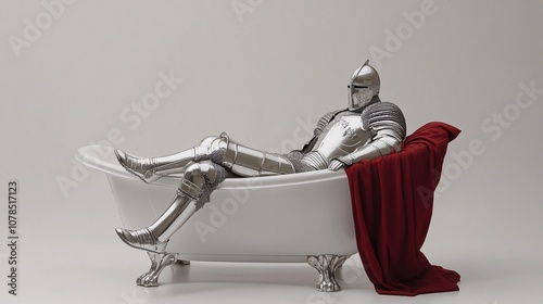 Knight in Shining Armor Relaxes in Bathtub: A Surreal and Humorous Juxtaposition of Medieval and Modern