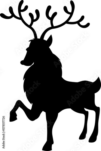 Christmas Reindeer Black Silhouette. Vector Hand Drawn Illustration Isolated On Transparent Background