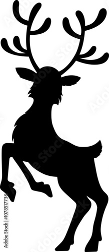 Christmas Reindeer Black Silhouette Jumping. Vector Hand Drawn Illustration Isolated On Transparent Background