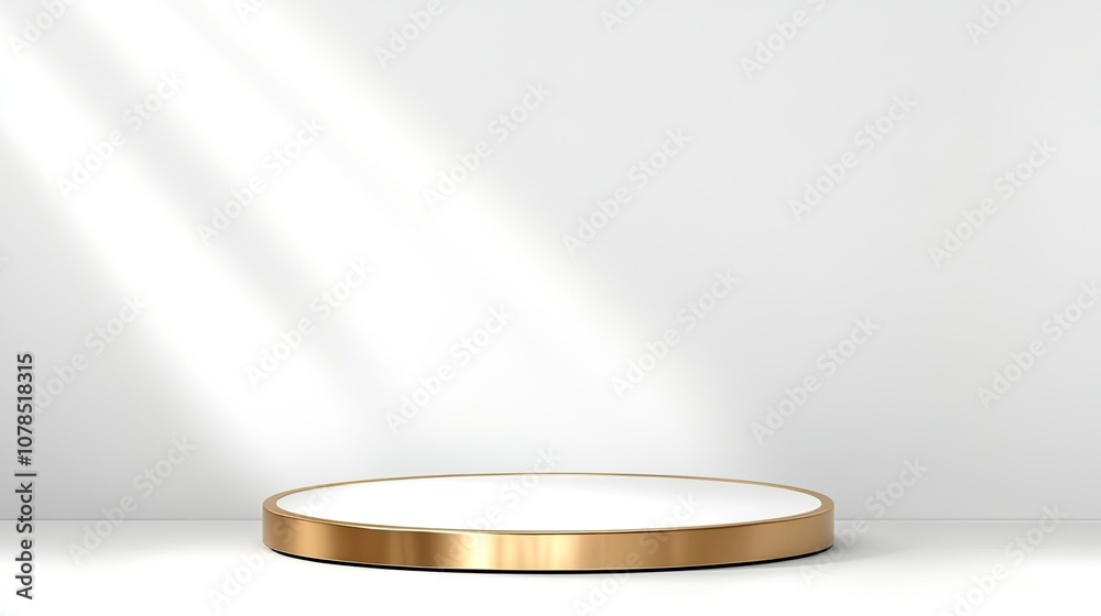 Minimalist Display Platform with Gold Rim and Soft Light Rays on a Plain Background for Product Presentation and Artistic Display Choices