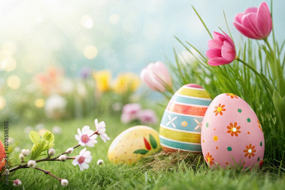 Fototapeta premium Festive Easter Fun with Colorful Eggs and Springtime Celebrations in a Hyperrealistic 8K Design for Vibrant Seasonal Joy and Magic