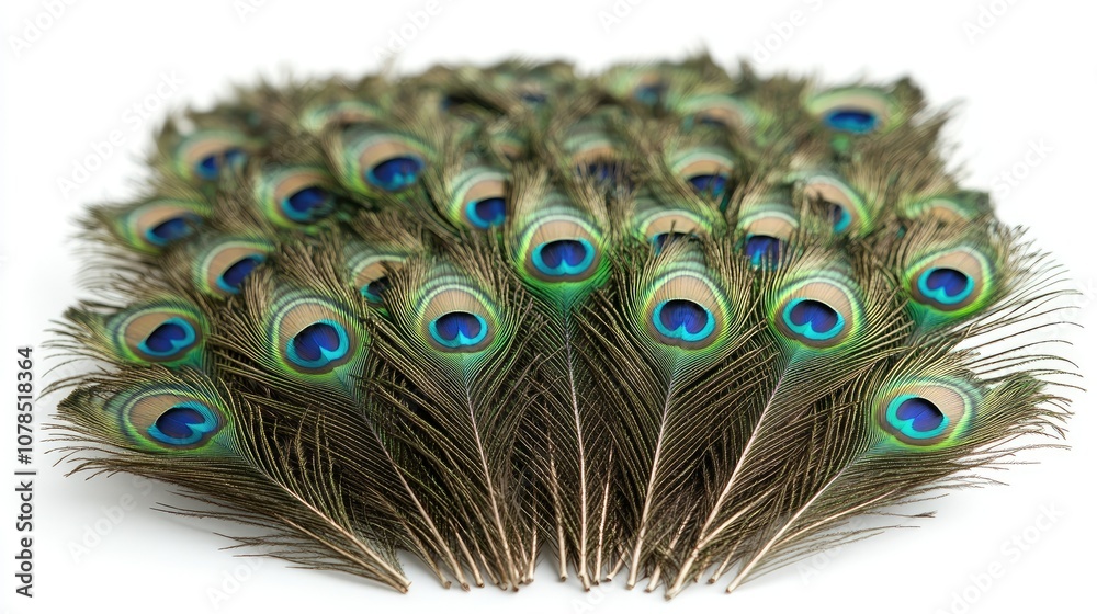 Fototapeta premium A collection of peacock feathers with their iconic blue eyespots arranged in a semi-circle, isolated on a white background.