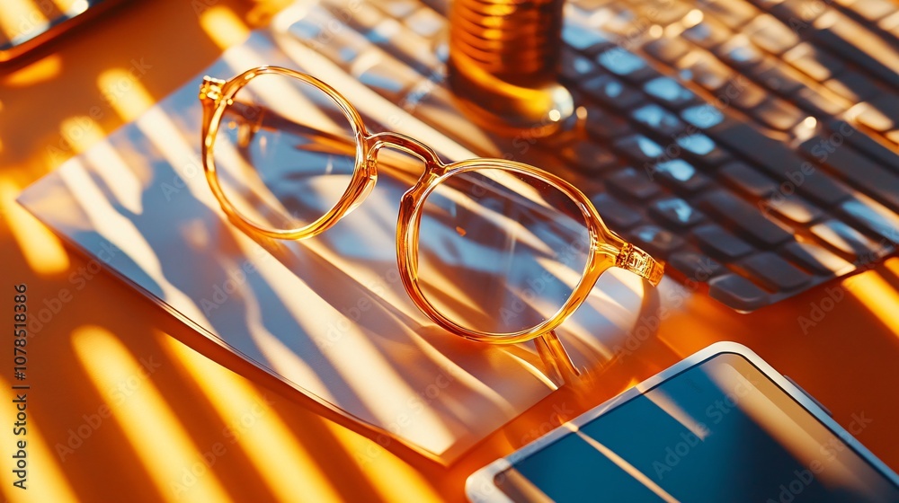 Intense Light and Shadows on Glasses and Desk Elements