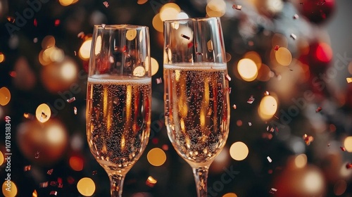 The image portrays two champagne glasses lifted in a toast, surrounded by a glittery ambiance, evoking a sense of celebration and color-rich festivity. photo