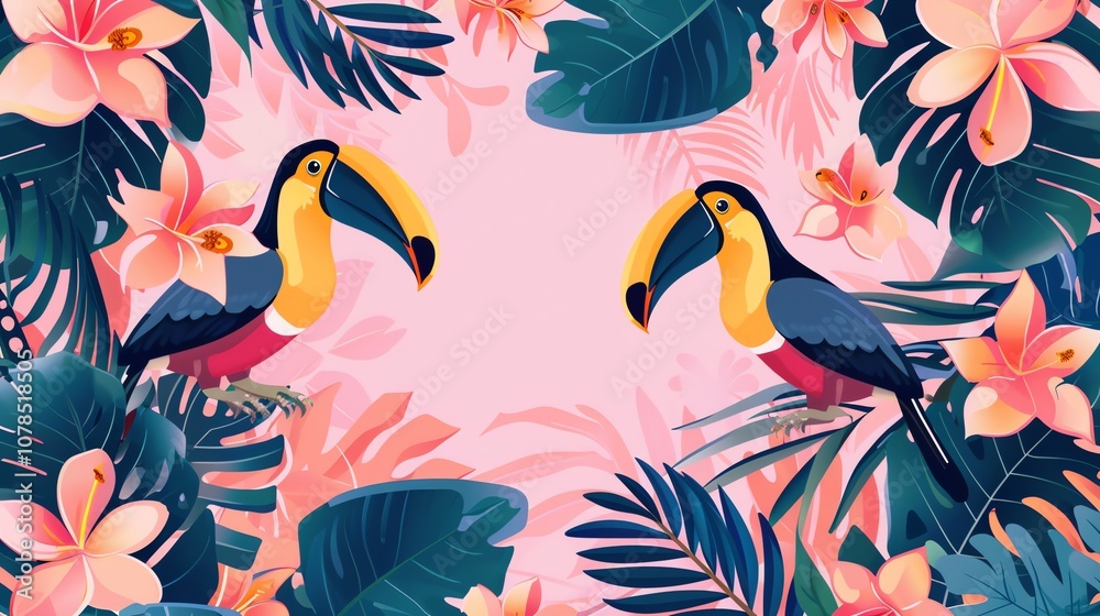 Naklejka premium A tropical background with toucans and palm leaves.