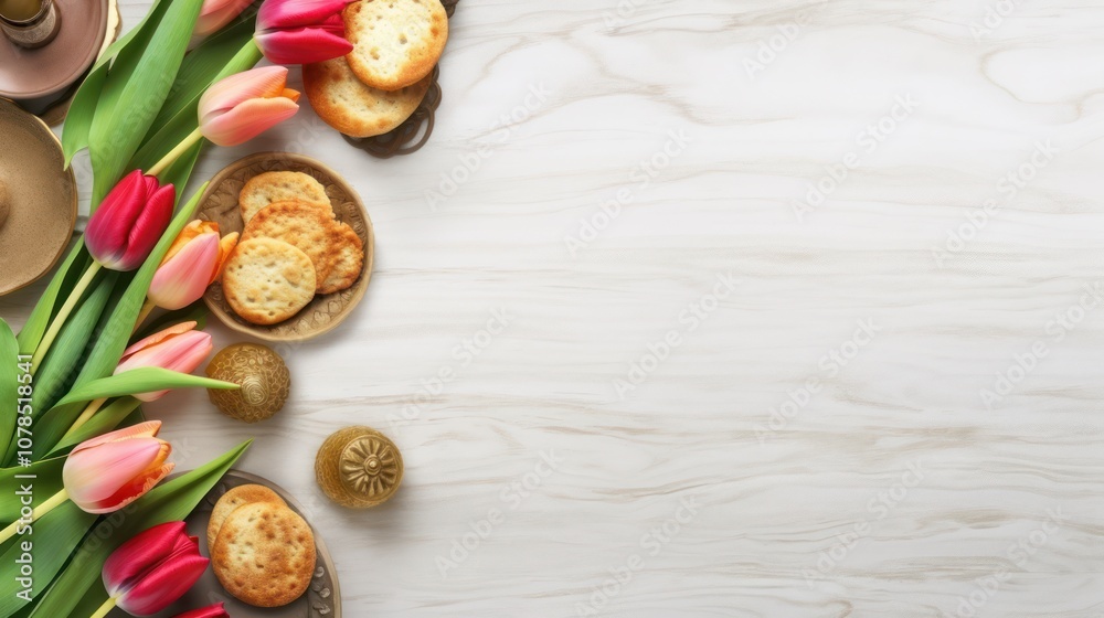 Fototapeta premium A bouquet of pink tulips, crackers, and decorative items on a white wood background.