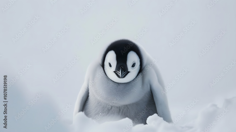 Fototapeta premium Sleek minimalistic visualization of a baby penguin in frosty white surroundings AI generated illustration
