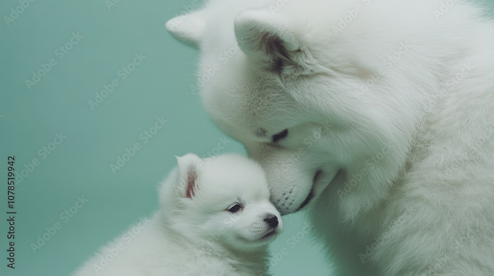 A loving Samoyed dog mother nuzzling her adorable puppy on a soft green background, showing tenderness A loving Samoyed dog mother nuzzling her adorable puppy on a soft green background, showing tenderness
