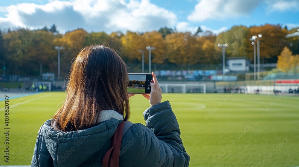 Naklejka premium Woman using a smartphone to film a soccer game in a stadium.