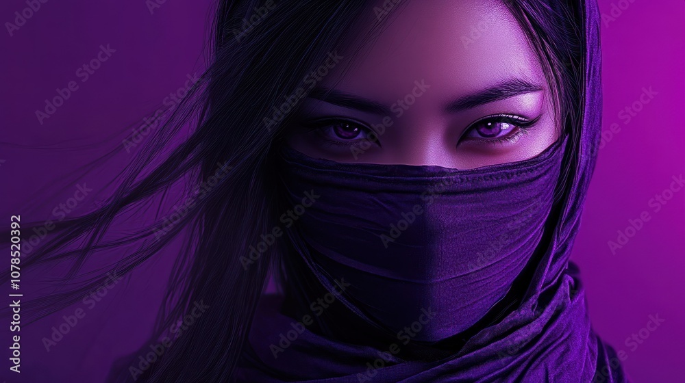 Woman purple asian ninja assassin character with mysterious face mask background wallpaper AI generated image Woman purple asian ninja assassin character with mysterious face mask background wallpaper AI generated image