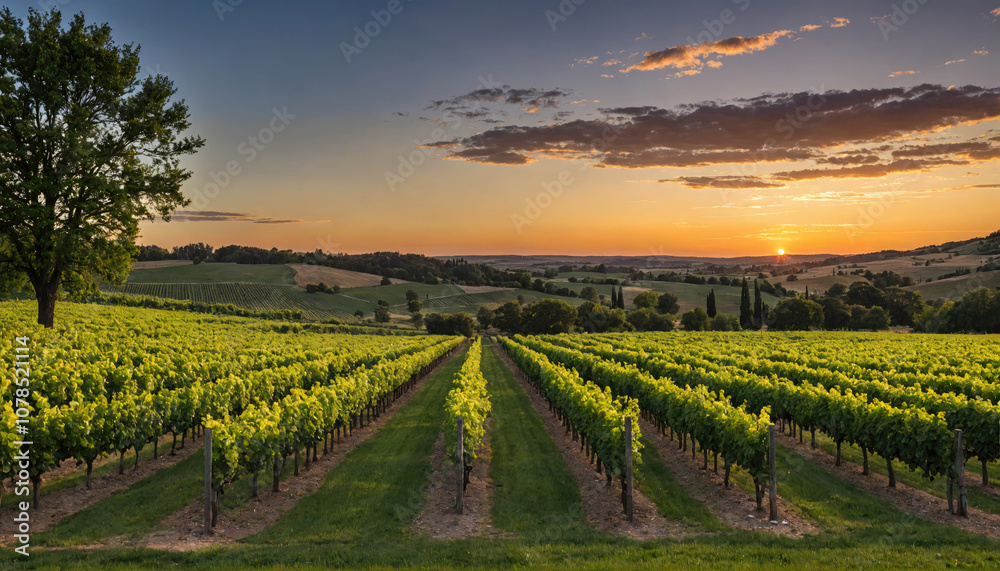 Fototapeta premium Rows of grapevines extend into the distance at sunset, creating a picturesque scene in a vineyard