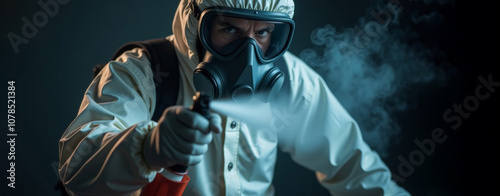 pest control service. Employee from the pest control service wearing a mask and a protective suit sprays poisonous gas while. Extermination of bedbugs, cockroaches. Close up, blurred dark background photo