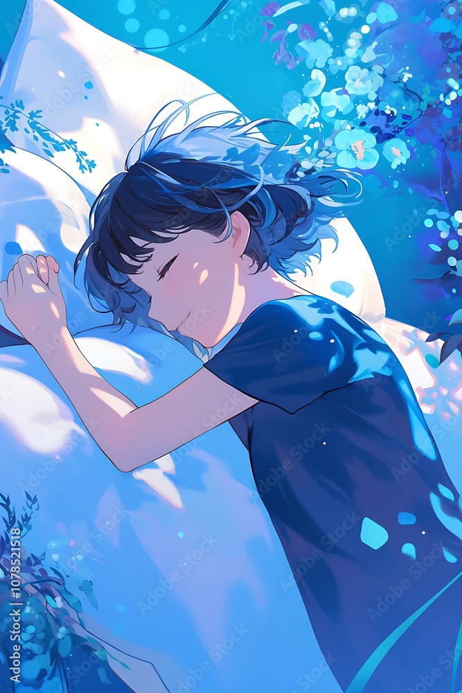 A Sleeping Anime Girl Surrounded by Blue Flowers A Sleeping Anime Girl Surrounded by Blue Flowers