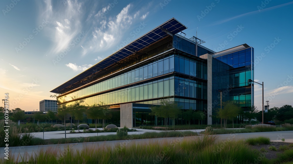 Obraz premium Solarpowered corporate building nestled within the modern skyscape AI generated illustration