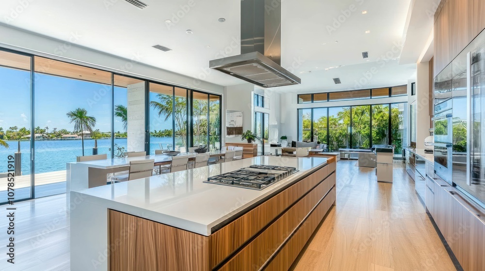 Modern kitchen with large windows and a view of a waterfront. Modern kitchen with large windows and a view of a waterfront.