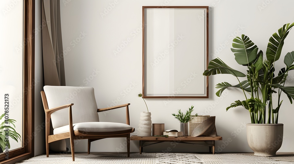 Soothing room environment with a minimalistic modern cinematic poster encased in a wooden frame AI generated illustration Soothing room environment with a minimalistic modern cinematic poster encased in a wooden frame AI generated illustration