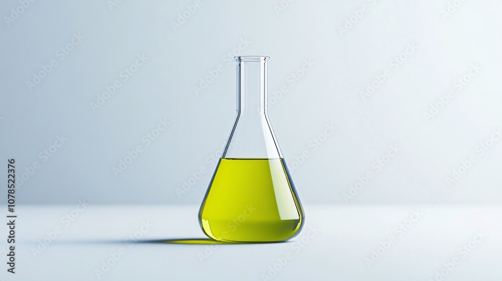 Vibrant Yellow Chemical Contained in a Glass Flask on a Soft White Backdrop