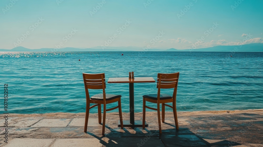 Table and chairs by the sea. Perfect for illustrating a relaxing beachside meal or Table and chairs by the sea. Perfect for illustrating a relaxing beachside meal or