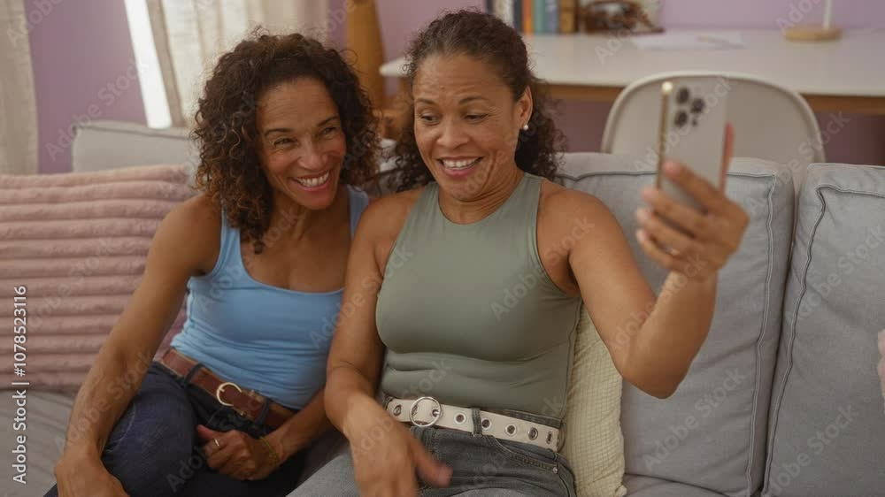 Two smiling women having a video call together in a cozy living room, showcasing family love and bonding.