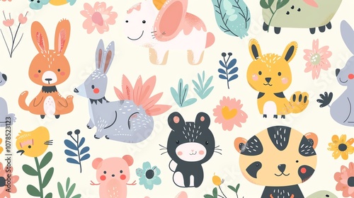 A seamless pattern of cute cartoon animals and flowers on a cream background.