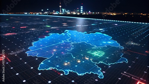 Futuristic Digital Technology Map of Germany with Blue Colorful Shiny Dots and Numeric Particles in a Night Photography Style for Dynamic Motion View Background