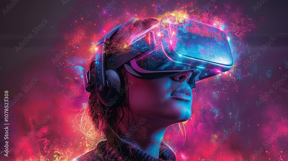 A young gamer puts on a virtual reality headset, transported to a digital world of vibrant colors and futuristic landscapes. Their hands move excitedly as they interact with the virtual environment A young gamer puts on a virtual reality headset, transported to a digital world of vibrant colors and futuristic landscapes. Their hands move excitedly as they interact with the virtual environment