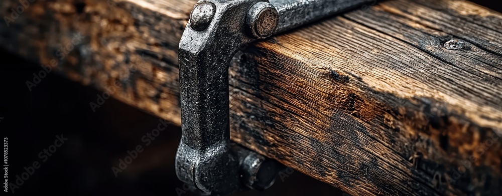 Close-up of a textured metal hinge attached to a rough, weathered wooden beam, highlighting rustic craftsmanship and industrial design elements. Close-up of a textured metal hinge attached to a rough, weathered wooden beam, highlighting rustic craftsmanship and industrial design elements.