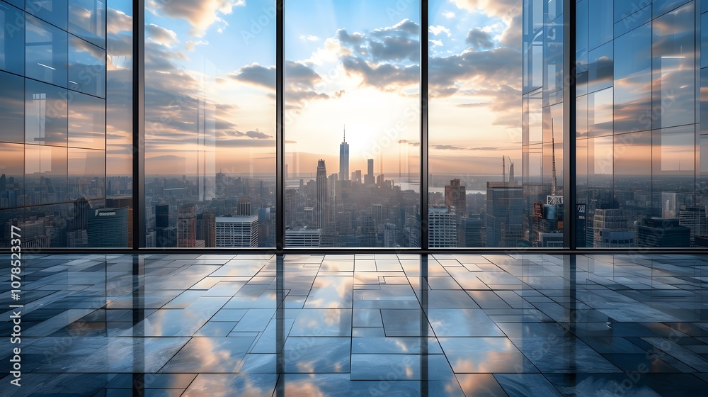 Fototapeta premium Square floor situated in isolation with the view of a bustling modern city skyline AI generated illustration