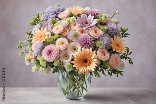 Bouquet of mixed flowers in pastel shades arranged elegantly in a vase, AI Generated